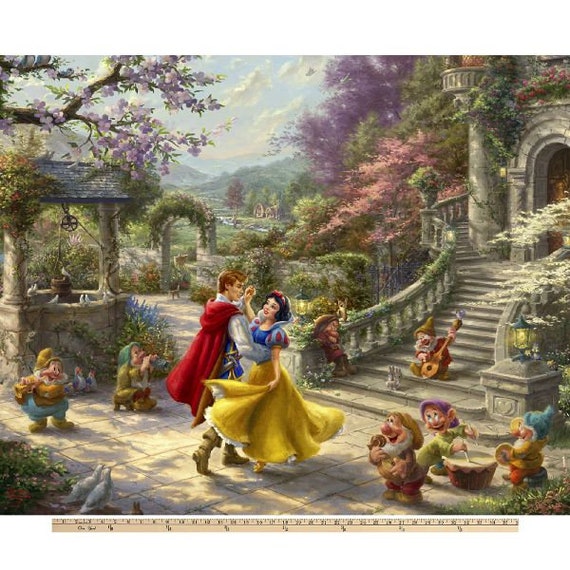 Disney Snow White Cotton Fabric Panel - The Prince And The 7 Dwarfs -Thomas Kinkade Digital Print Panel - dated 2017 on the selvage