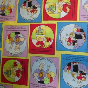 Vintage Bil Keane's FAMILY CIRCUS Cartoons "Grandma's Advise" Cotton Fabric - 39" x 44" - dated 2005 on the selvage
