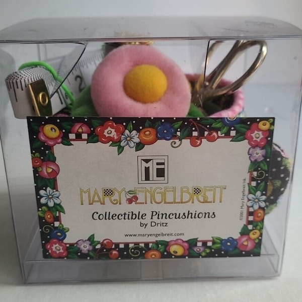 Rare Vintage Mary Engelbreit Collectible Preowned Unused Teacup Cotton Fabric Pincushion -In Original Box - Tea Cup Pin Cushion -dated 2001