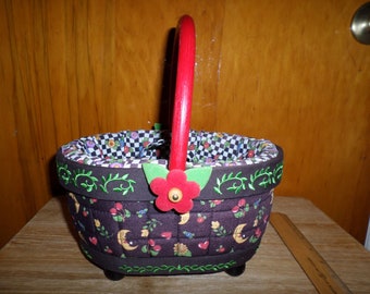 Vintage Mary Engelbreit Collectible SEWING BASKET Mary's Famous Art - Very Good Preowned Condition some fading dated 2001 on inside label
