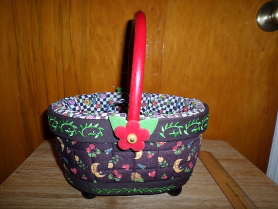 Vintage Mary Engelbreit Collectible SEWING BASKET Mary's Famous Art - Very Good Preowned Condition some fading dated 2001 on inside label