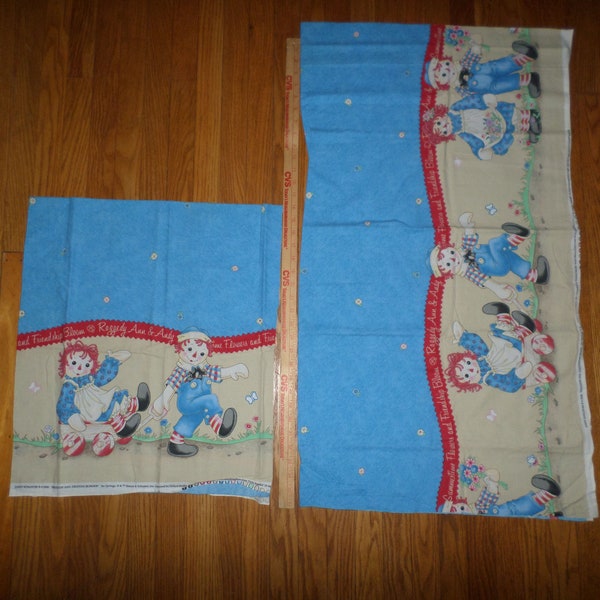 Rare Raggedy Ann and Andy Single Border PREWASHED Cotton Fabric - 2 remnants - 1 yard by 44" and 18" x 44"