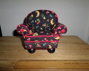 Vintage Mary Englebright Flowers Cherries Moons Pin Cushion Chair - Dated 2001 on the cushion label - SOME FADING!