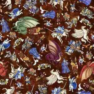 New DRAGONS KNIGHTS WIZARDS Cotton Fabric - selling by the yard - Dragon Quest - brownish red background