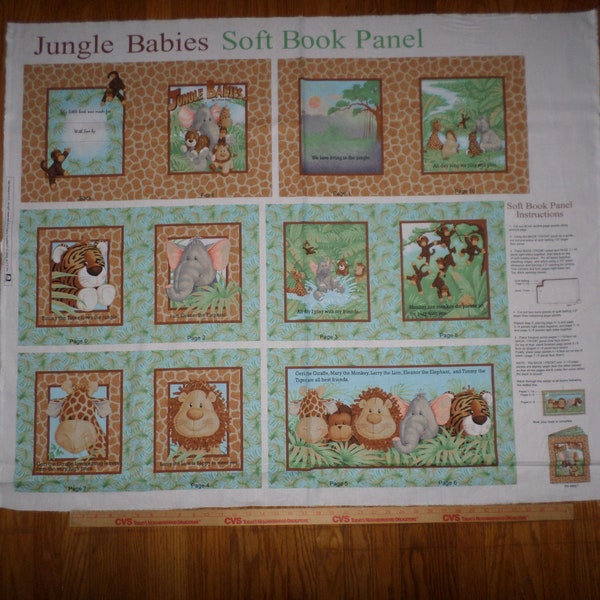 Rare Jungle Babies Soft Book Panel Cotton Fabric Panel - Patty Reed 35" by 44" - dated 2009 on the selvage - as pictured!