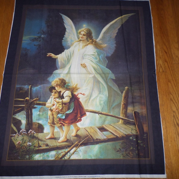 Rare Guardian Angel With Children On Bridge Digital Cotton Panel - Unfinished Panel - FABRIC Made In The USA!