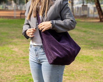 Corduroy draagtas: paarse crossbody-laptoptas