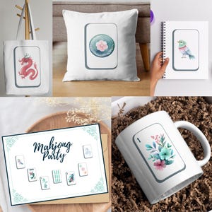 Collage Mockup of Mahjong tiles on a canvas tote bag, pillow, notebook, invitation, and coffee mug.