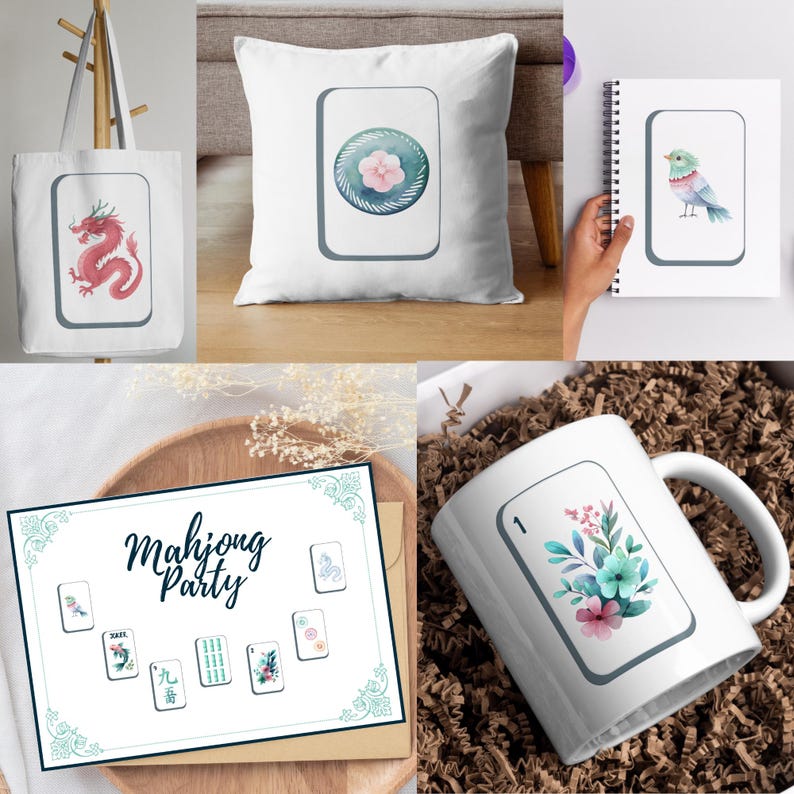 Collage Mockup of Mahjong tiles on a canvas tote bag, pillow, notebook, invitation, and coffee mug.