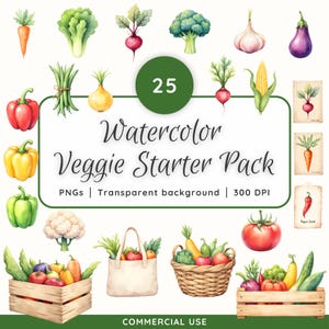 May include: Watercolor illustration of various vegetables, including carrots, lettuce, beets, broccoli, garlic, and an eggplant. The image features a central text box with the words "Watercolor Veggie Starter Pack". Additional vegetables are displayed in wooden crates, a tote bag, and a basket.