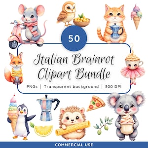 May include: A set of watercolour clipart featuring adorable animals and food. Includes a mouse on a scooter, an owl, a cat with a coffee maker, a fox, a penguin with ice cream, a koala, and more. Text reads "Italian Brainrot Clipart Bundle".