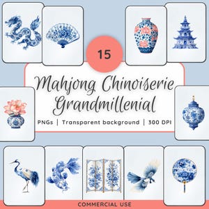 Chinoiserie Mahjong Clipart Digital Download Set | Mahjong Tiles PNG | Grandmillenial Lets Mahjong | Vintage Watercolor Chinese Mahjong PNG