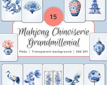 May include: A collection of 15 Chinoiserie-style Mahjong tiles with a transparent background. The tiles feature blue and white illustrations of a dragon, fan, vase, pagoda, and other Asian-inspired designs. The text "Mahjong Chinoiserie Grandmillenial" is also present.
