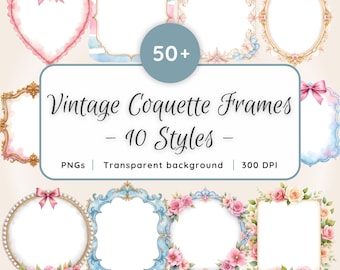 Vintage Powder Coquette Frame Clipart Bundle | Pastel Watercolor Frames, Romantic Lace PNGs, Victorian Bow Frames, Shabby Chic Clipart