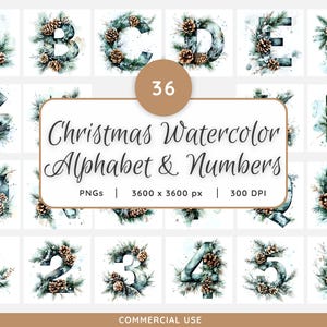 Aquarelle de Noël alphabet et chiffres Clipart, lettres des fêtes de fin d'année, dessins de pommes de pin, clipart vacances d'hiver, clipart Noël de A à Z