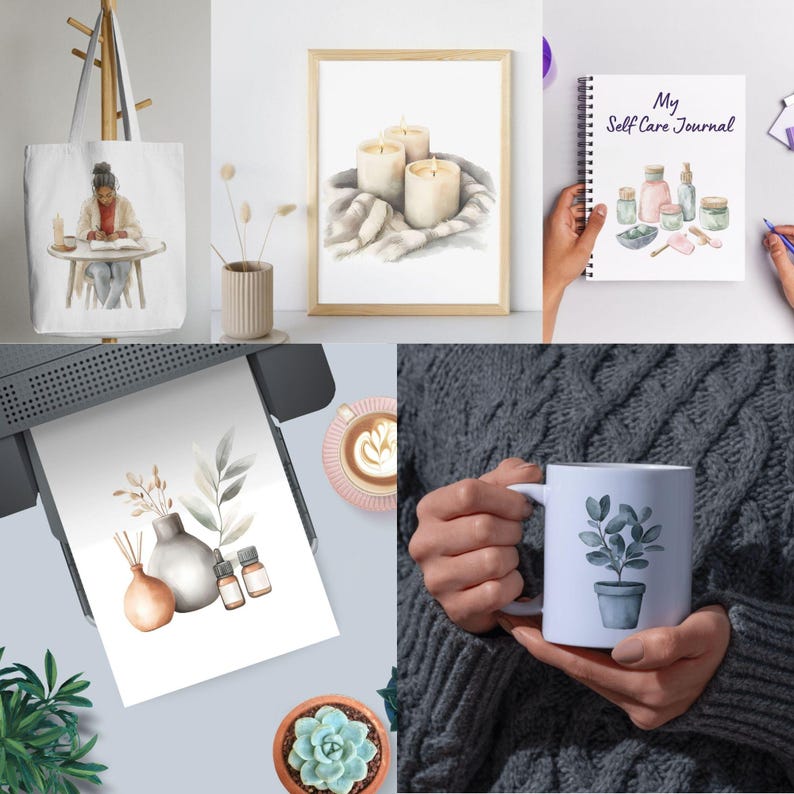 Mockup images of clipart on canvas tote bag, journal, mug, as wall art, and being printed on a home printer.