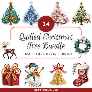 Könnte beinhalten: Ein Set mit 24 digitalen Papier-Quilling-Weihnachtsbaum-Illustrationen im PNG-Format. Die Bäume sind in verschiedenen Farben, darunter Grün, Blau, Rosa und Rot. Die Illustrationen sind 3600 x 3600 Pixel groß und haben 300 DPI. Der Text "Quilled Christmas Tree Bundle" wird in einem weißen Kasten mit rotem Rand angezeigt. Der Text "PNGs | 3600 x 3600 px | 300 DPI" wird unter dem Titel angezeigt. Der Text "COMMERCIAL USE" wird am unteren Rand des Bildes angezeigt.