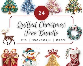 Quilled Christmas Tree Clipart Bundle - 24 Whimsical Holiday PNGs, Quilled Reindeer, Snowmen, Present, Wreath, Santa, and Santa Hat Designs