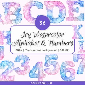 Icy Christmas Watercolor Alphabet and Numbers Clipart, Festive Holiday Letters, A-Z PNG, Watercolor Xmas Font, Holiday Numbers Clipart Set