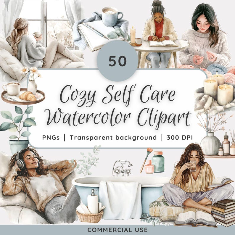 Watercolor Cozy Self Care Clipart. 50 PNGs, transparent background, 300 DPI, commercial use.