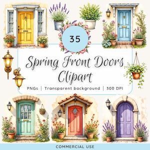 Puede incluir: Clipart de acuarela con ilustraciones de puertas delanteras de primavera en varios colores, rodeadas de plantas y flores en macetas. La imagen incluye el texto "Spring Front Doors Clipart", "PNGs | Transparent background | 300 DPI", y "Commercial Use".