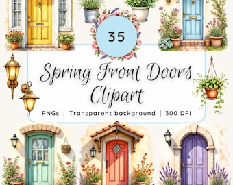 Watercolor Spring Front Doors Clipart Scene Creator, Cottage Porch PNG, Floral Wreaths, Plants, Lanterns, Doorstep, Vintage Door Clipart Set
