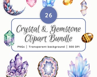 Clipart de cristales y piedras preciosas de acuarela, Clipart de cristales curativos, Conjunto de piedras preciosas PNG, Clipart de boda bohemia espiritual, Acuarela mística PNG