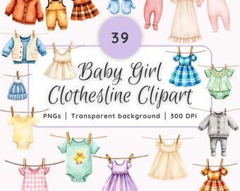 Clipart akvarell babyflicka tvättlina | Babyflicka tvättlina clipart | Babyshower tvättlina clipart | Höst babykläder barnrum PNGs