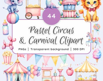 Pastel Circus Tent Clipart Set | Watercolor Circus Animals PNG | Carousel & Carnival Party Clipart | Baby Shower Circus Tent Carnival Art