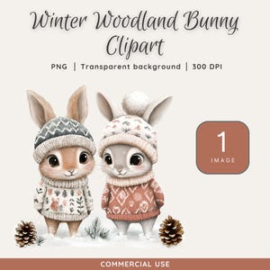 Joli clipart aquarelle lapin des bois hiver - Art de lapin douillet Hygge, décoration de chambre d'enfant PNG, lièvre des bois hiver, scène enneigée en téléchargement numérique