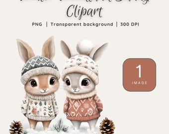 Söt akvarell vinterskogskanin Clipart – Mysig Hygge-kaninkonst, barnrumsdekor PNG, vinterskogskanin, snöig scen digital nedladdning