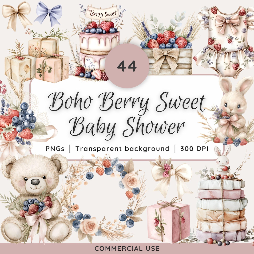 Boho Berry Sweet Baby Shower PNG Clipart Bundle, Rustic Watercolor ...