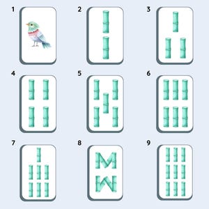 Collage of all nine watercolor Mahjong bamboo suit tiles.