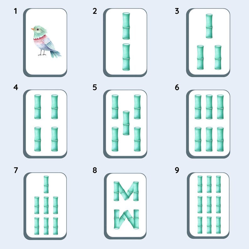 Collage of all nine watercolor Mahjong bamboo suit tiles.