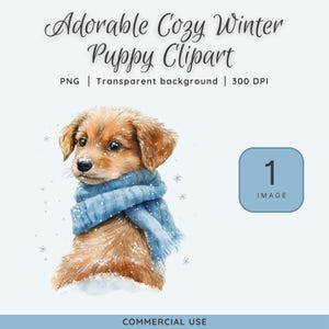 愛らしい居心地の良い冬の子犬のクリップアート、雪の中のかわいい水彩画のゴールデンレトリバー、青いスカーフと雪の結晶が付いた穏やかなお祭りの犬のイラスト