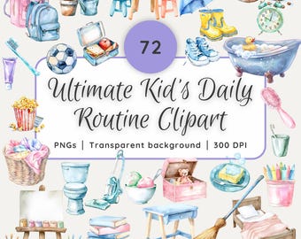 Ultimate Kid's Daily Routine Watercolor Clipart | Rewards Chart Images, Daily Schedule Clipart, Kids Bedtime Routine, School Routine Clipart