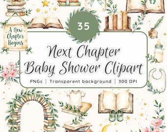 Next Chapter Baby Shower Decorations Clipart, Storybook Baby Shower, A New Chapter Begins, Book Theme Baby Shower, Watercolor PNG Bundle