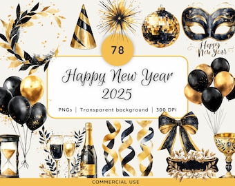 Gott Nytt År Clipart Svart och Guld 2025, Nyårsaftongrafik, Champagneballonger Discokula PNG, Maskeradmask Fyrverkerikonst