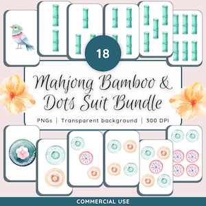Puede incluir: Ilustración en acuarela de fichas de Mahjong, con diseños de bambú y puntos. La imagen incluye fichas con tallos de bambú, puntos y una ilustración de un pájaro. El texto dice "Mahjong Bamboo & Dots Suit Bundle" y "COMMERCIAL USE".