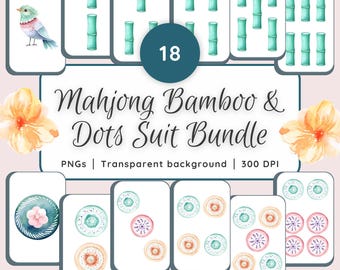 Watercolor Mahjong Clipart Bundle: Bamboo Suit Tiles and Dots Suit Tiles, Quirky Bird PNG, Mahjong Sublimation & Art Tile Set Graphics