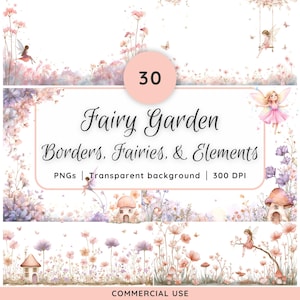 Puede incluir: Un diseño de arte digital con el texto "Fairy Garden Borders, Fairies, & Elements". El diseño incluye ilustraciones de hadas, flores y casas de hongos, con una paleta de colores pastel. La imagen también incluye el texto "PNGs | Transparent background | 300 DPI".