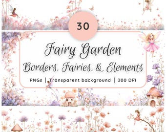Fairy Garden Clipart Borders | Watercolor Fairies, Fairy House Clipart, Fantasy Wildflower Corners PNG | Enchanted Whimsical Floral Elements