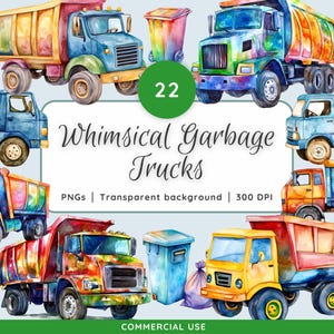 Könnte beinhalten: Aquarellillustration von skurrilen Müllwagen in verschiedenen Farben. Das Bild zeigt mehrere Lastwagen, einen Mülleimer und den Text "Whimsical Garbage Trucks". Die Lastwagen sind in leuchtenden Farben gemalt, mit transparentem Hintergrund und 300 DPI.
