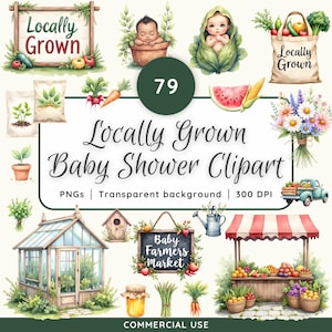 May include: Watercolor clipart set with a baby shower theme. The image includes illustrations of babies, vegetables, flowers, and market scenes. Text includes "Locally Grown" and "Baby Farmers Market". The set is labeled as PNGs with a transparent background.