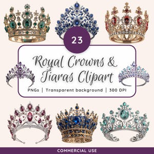 May include: A collection of ornate crowns and tiaras in various designs and colors. The image features gold, silver, and jewel-toned crowns with emerald, sapphire, and ruby accents. Text reads "Royal Crowns & Tiaras Clipart" with PNG and DPI information.