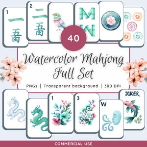 May include: A watercolor Mahjong full set with various tiles featuring illustrations of a bird, dragon, flowers, and other symbols. The set includes the text "Watercolor Mahjong Full Set" and "Commercial Use".
