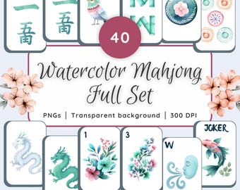 Mahjong Party Watercolor Clipart Bundle | Mahjong Tiles PNG | Mahjong Sublimation | Mahjong Art Tile Set | Mahjong Joker | Printable Mahjong