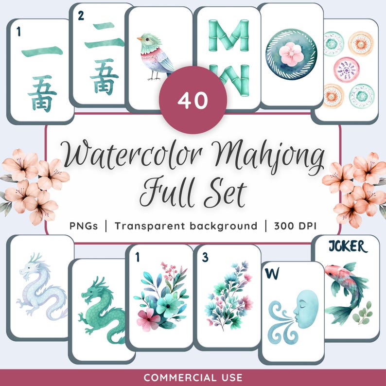 Pastel Watercolor Mahjong Clipart Full Set. PNGs, transparent background, 300 DPI. Commercial use.