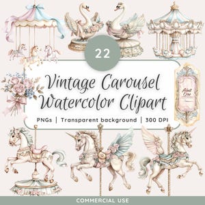 Vintage Carrossel Aquarela Clipart, Carrossel Cavalo, Carrossel Arte Berçário, Convites Chá de Bebê, Pastel Carrossel Unicórnio & Cisne Gráficos