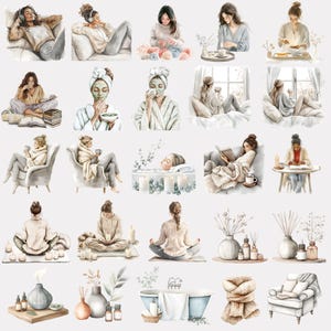 Clipart images of: drinking coffee/tea, lighting candles, applying facial masks, journaling, meditating, taking bubble baths, aromatherapy, cozy armchair, and reed diffusers.